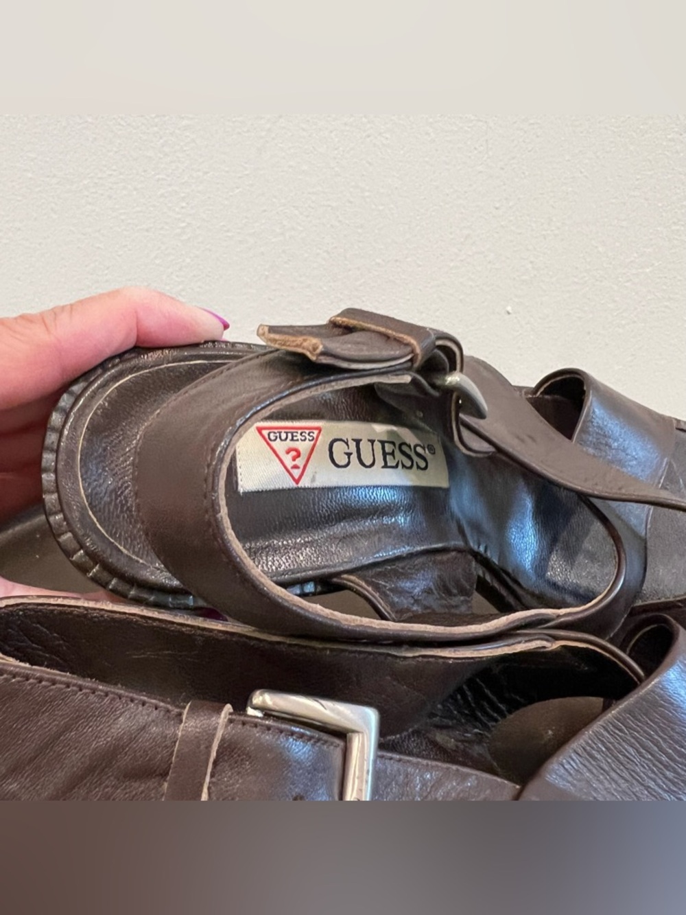 GUESS Dark Brown Genuine Leather Crisscross Block Heel Sandals size 7 - Picture 9 of 14
